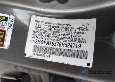 2006 Honda Civic Lx из США, поврежденный, VIN 2HGFA16576H524719